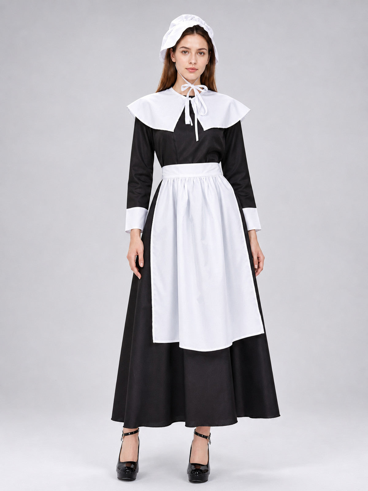 Black and White Maid Costume with Apron and Collar Costumes detail