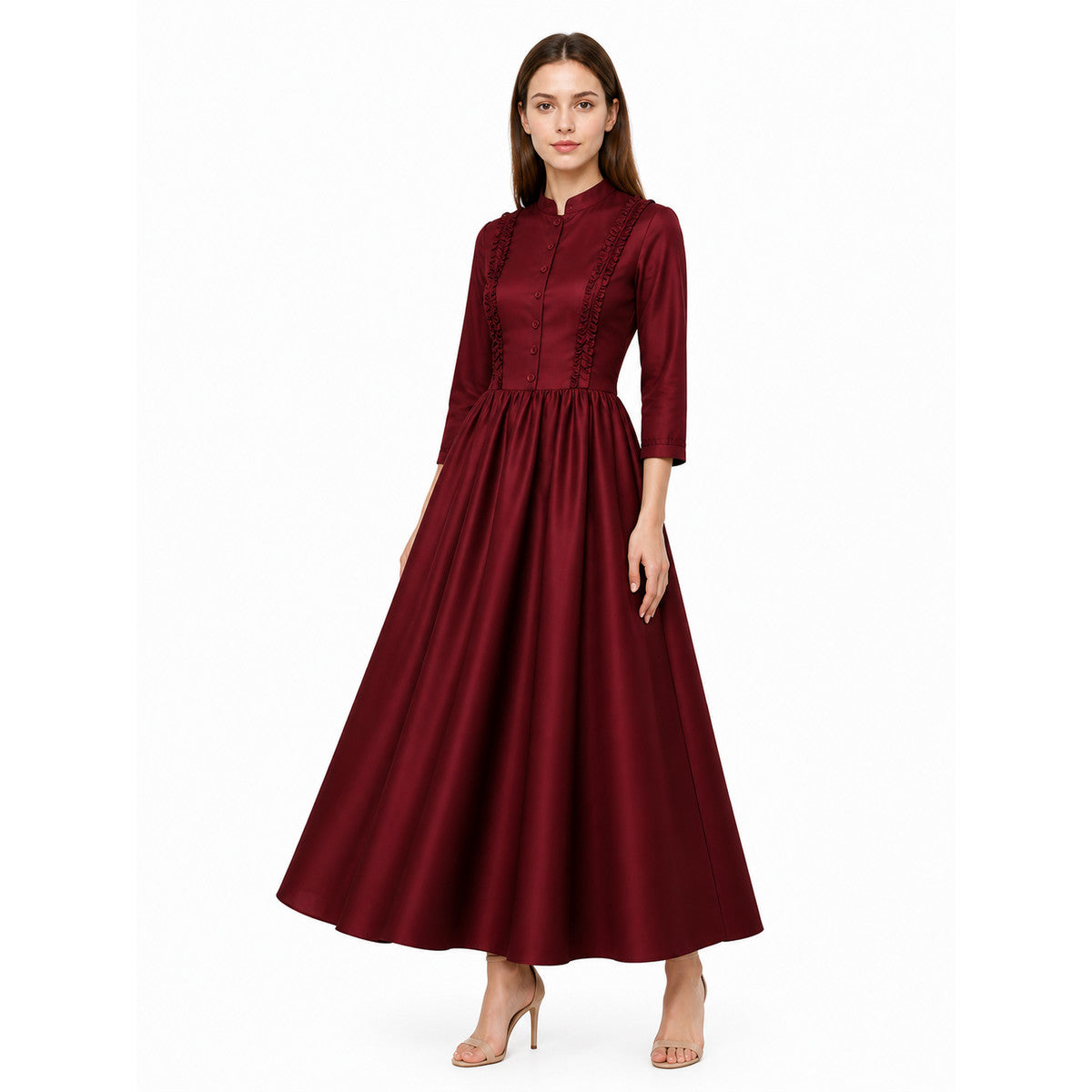 Burgundy Gothic Victorian Dress with Collar