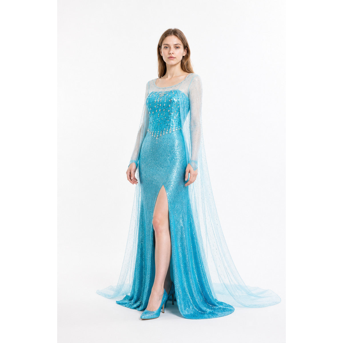 Blue Elsa Dress with Sequins and a Long Train Costume Dresses detail