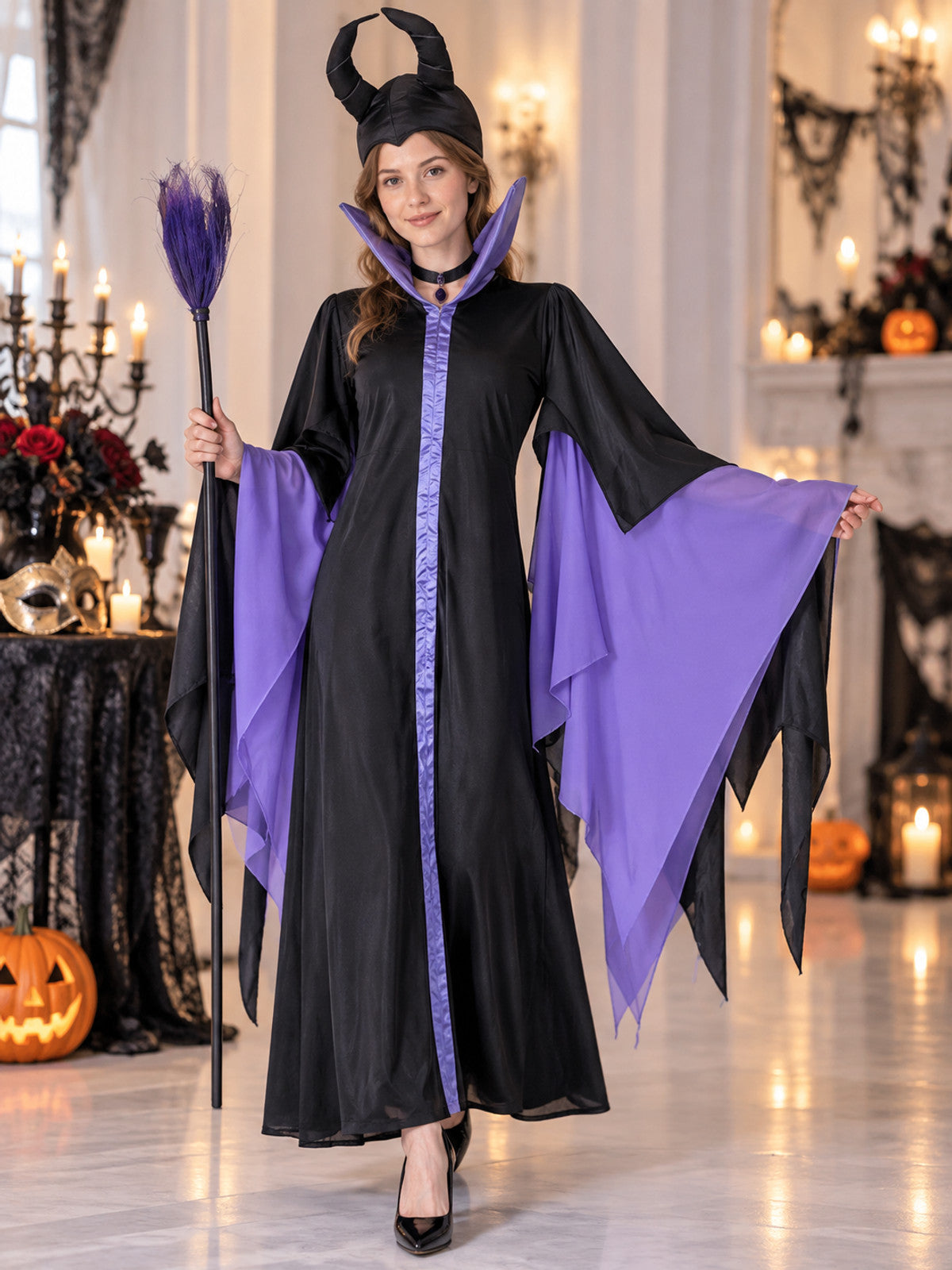 Vampire Halloween Costume with Horns and Broom