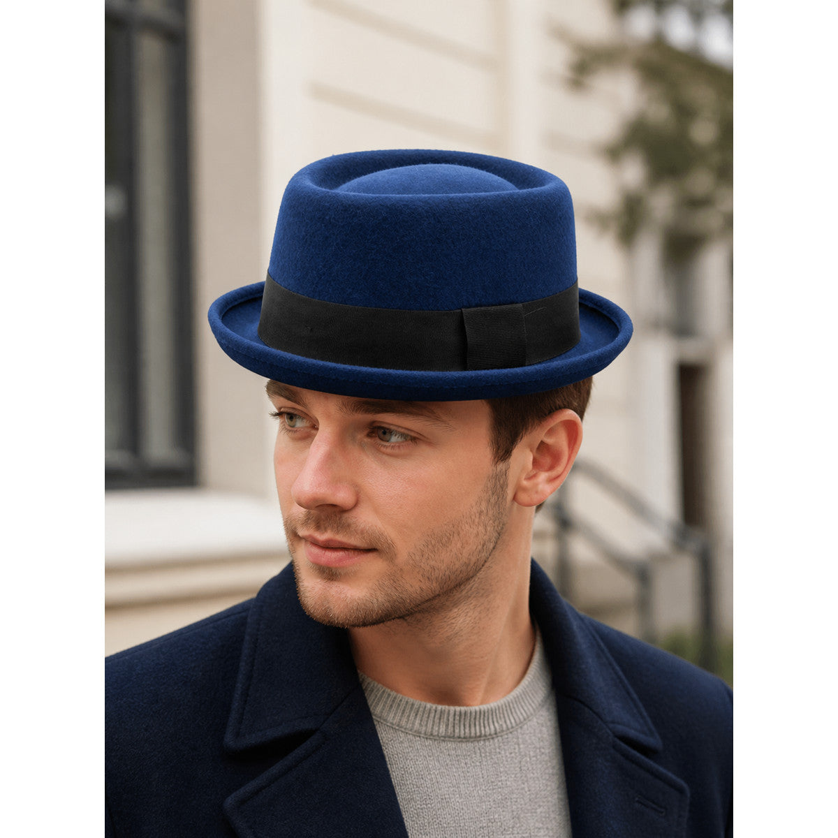 Blue Fedora Hat with Ribbon for Carnival lifestyle view