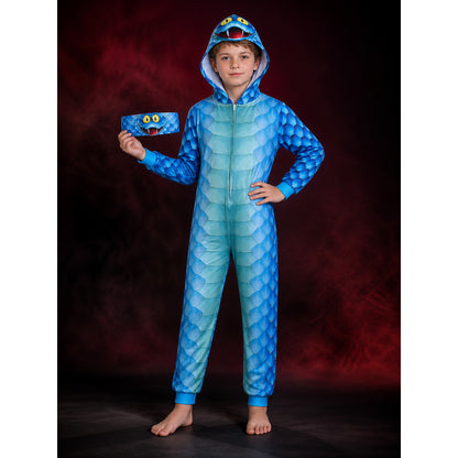 Blue Scaly Monster Hooded Onesie Costume for Kids with Front Zipper and Headband main product view