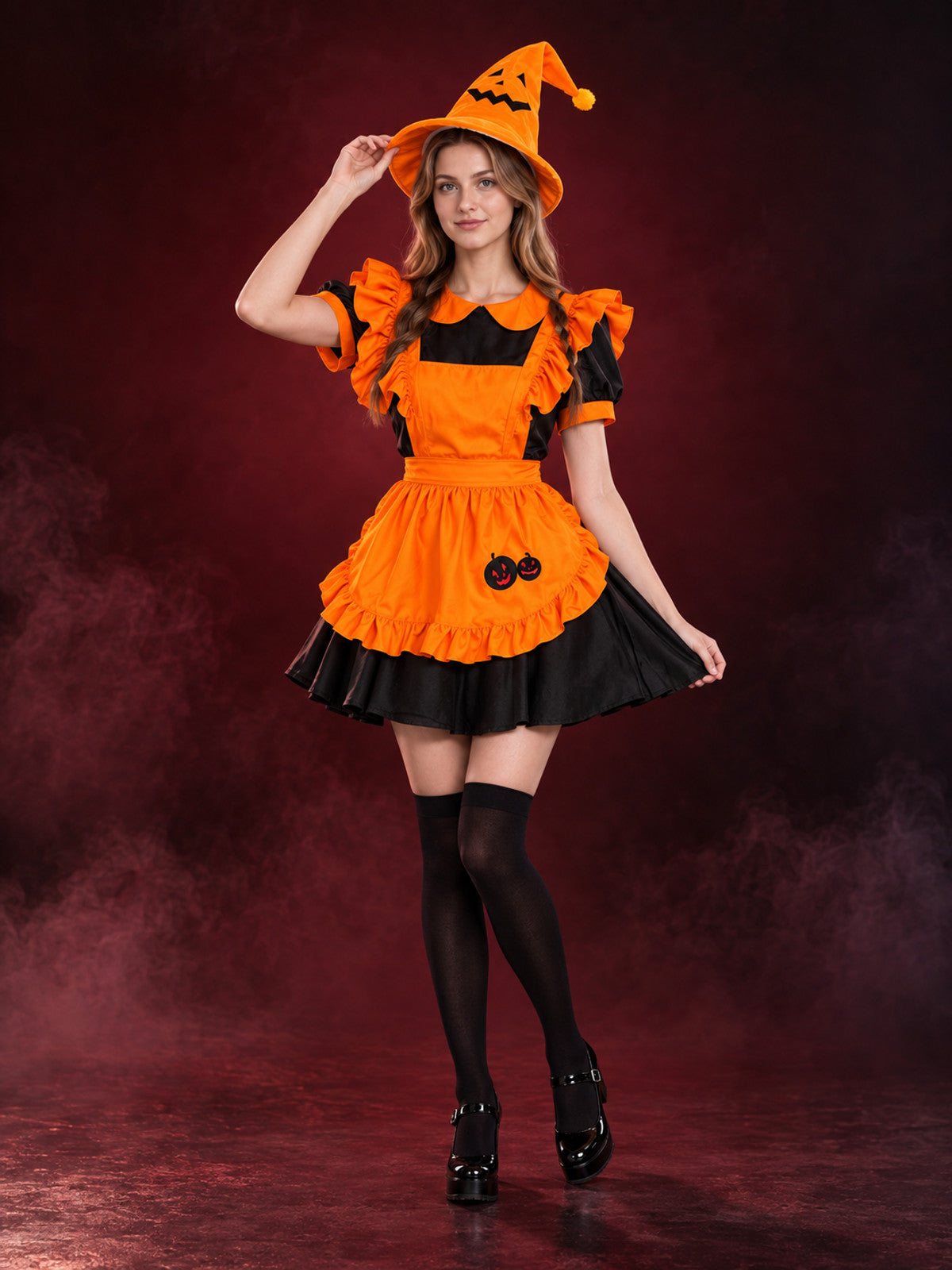 Carnival costume with black dress and orange apron