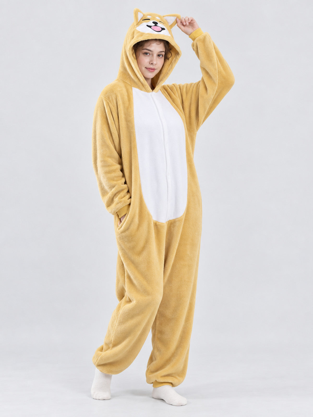 Yellow-Beige Hooded Pajama Jumpsuit with Ears