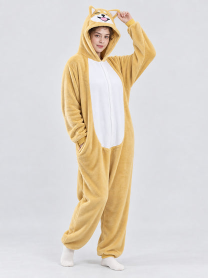 Yellow-Beige Hooded Pajama Jumpsuit with Ears