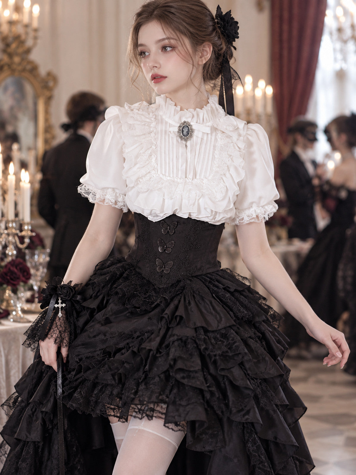 White Lolita-Style Blouse with Jabot and Lace
