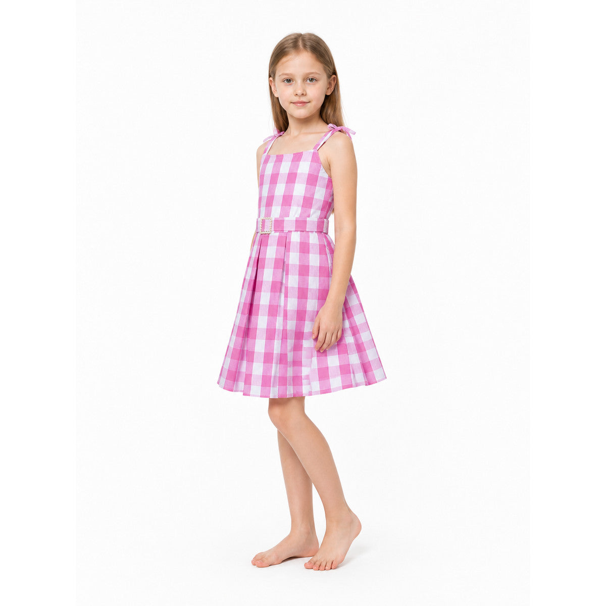 Barbie Pink and White Plaid High-Waisted Dress lifestyle view