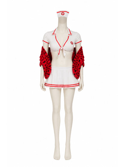 White Nurse Costume with Red Shoulder Wrap