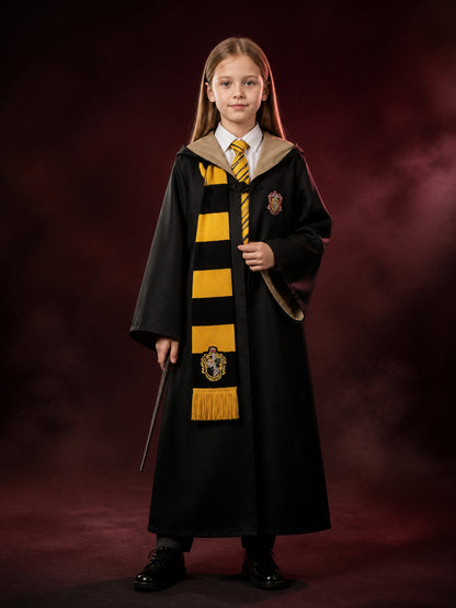 Hufflepuff Wizard Robe Costume Set With Hooded Cloak, Scarf And Tie main product view