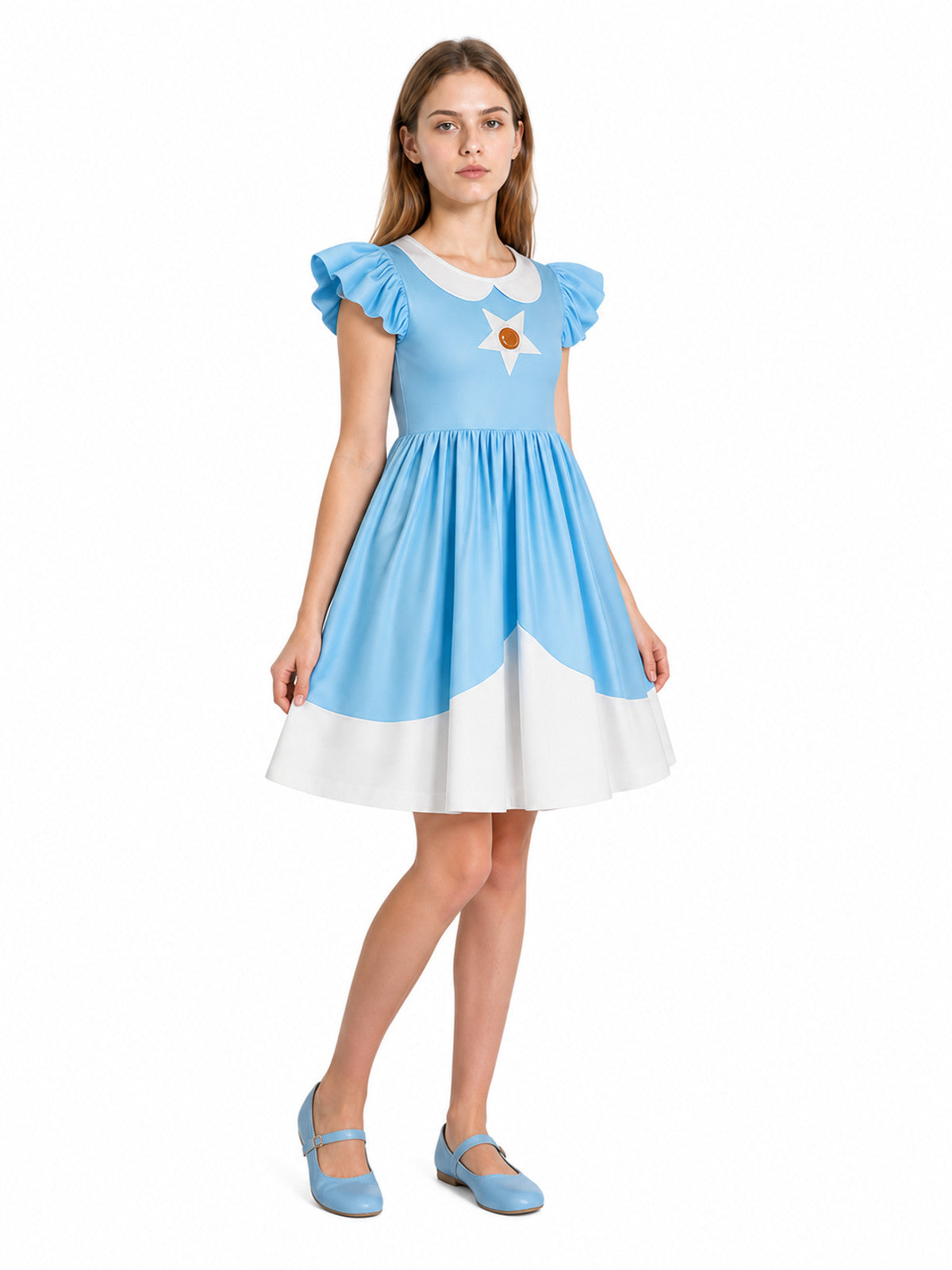 Blue Cosplay Dress with White Star and Ruffles Costume Dresses detail