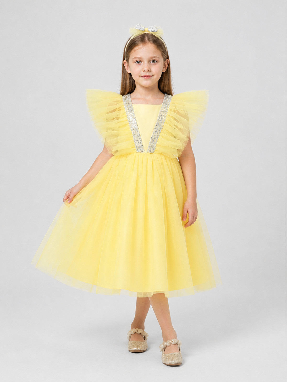 Dressy Yellow Princess Dress for Girls with a Full Skirt Costume Dresses detail