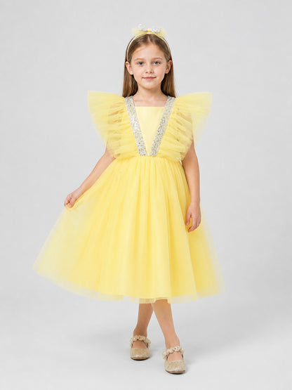 Dressy Yellow Princess Dress for Girls with a Full Skirt Costume Dresses detail