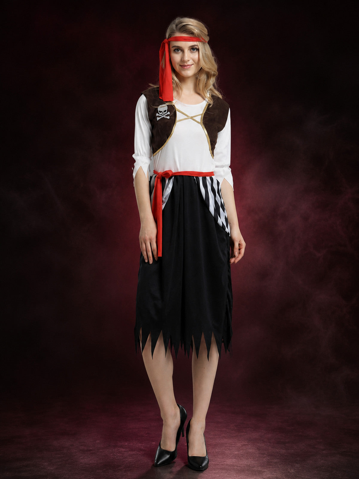 Adult Pirate Costume Set, Long-Sleeve Skirted Jumpsuit with Headband and Belt main product view