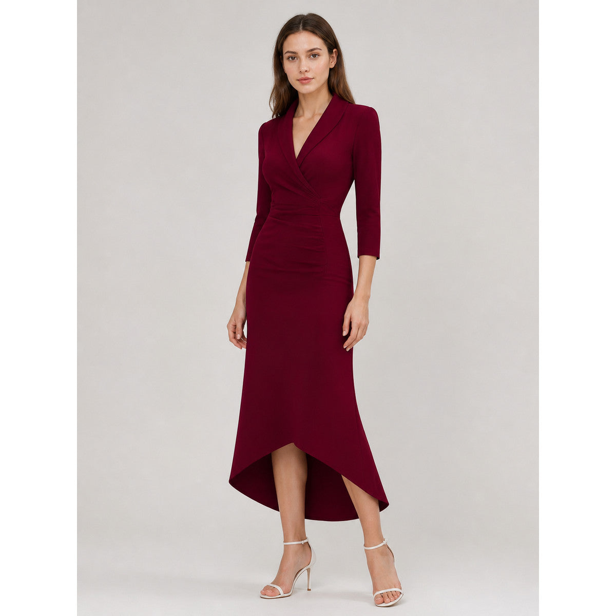 Burgundy Dress with a V-Neck and Asymmetrical Hem Costume Dresses detail