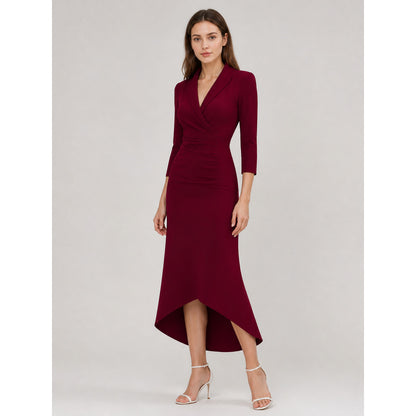 Burgundy Dress with a V-Neck and Asymmetrical Hem Costume Dresses detail