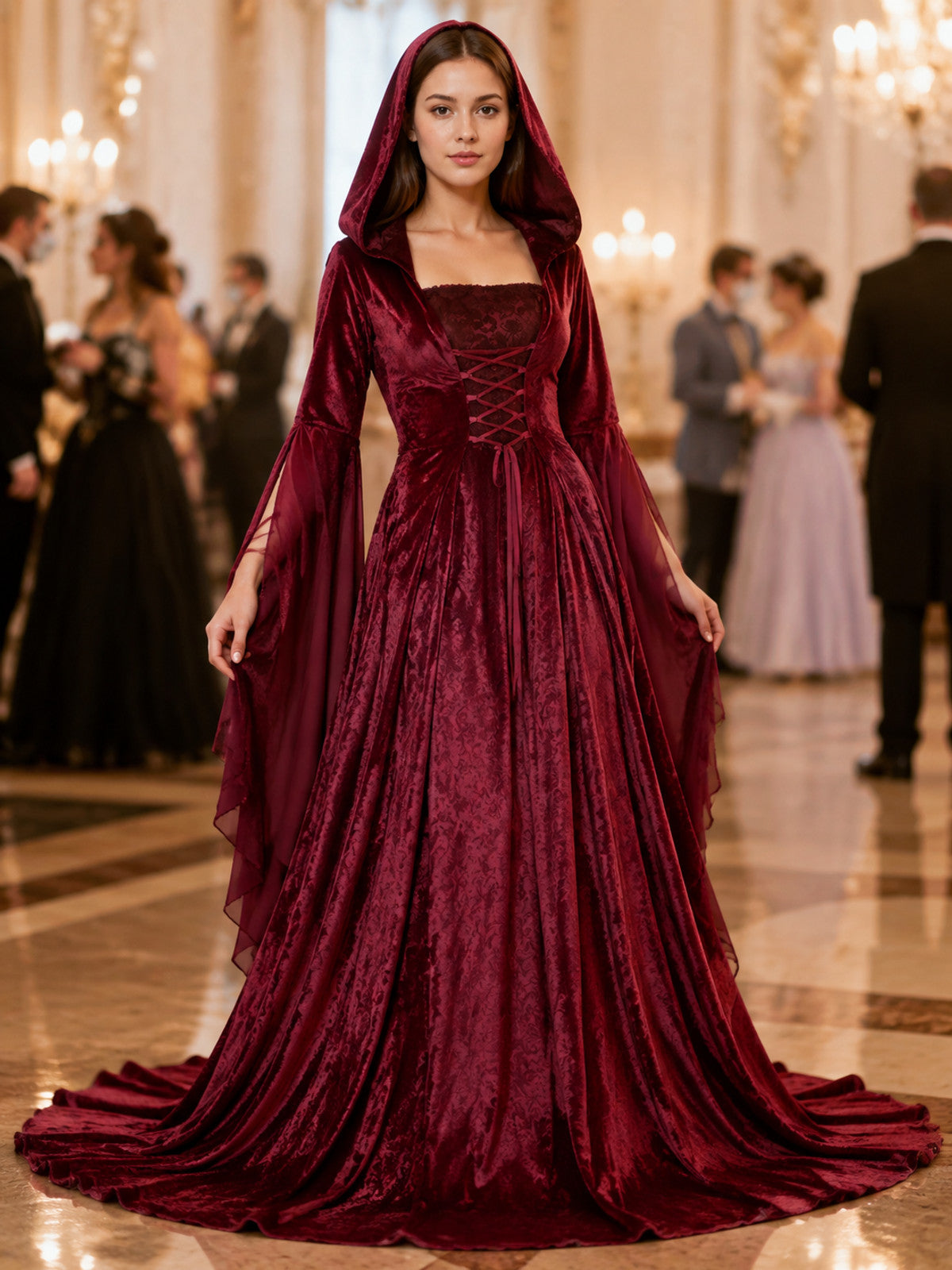Burgundy costume dress in a medieval style with a hood lifestyle view