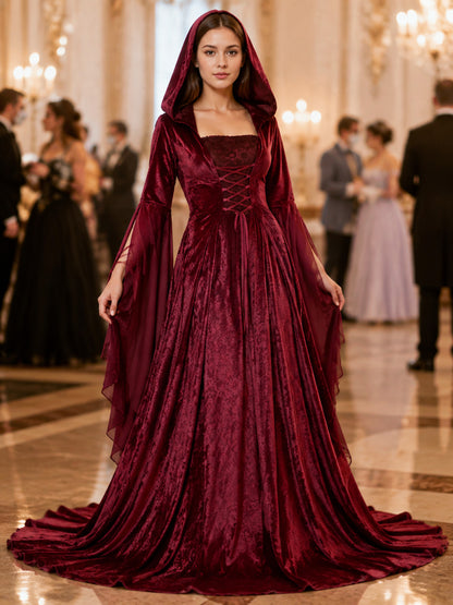 Burgundy costume dress in a medieval style with a hood lifestyle view