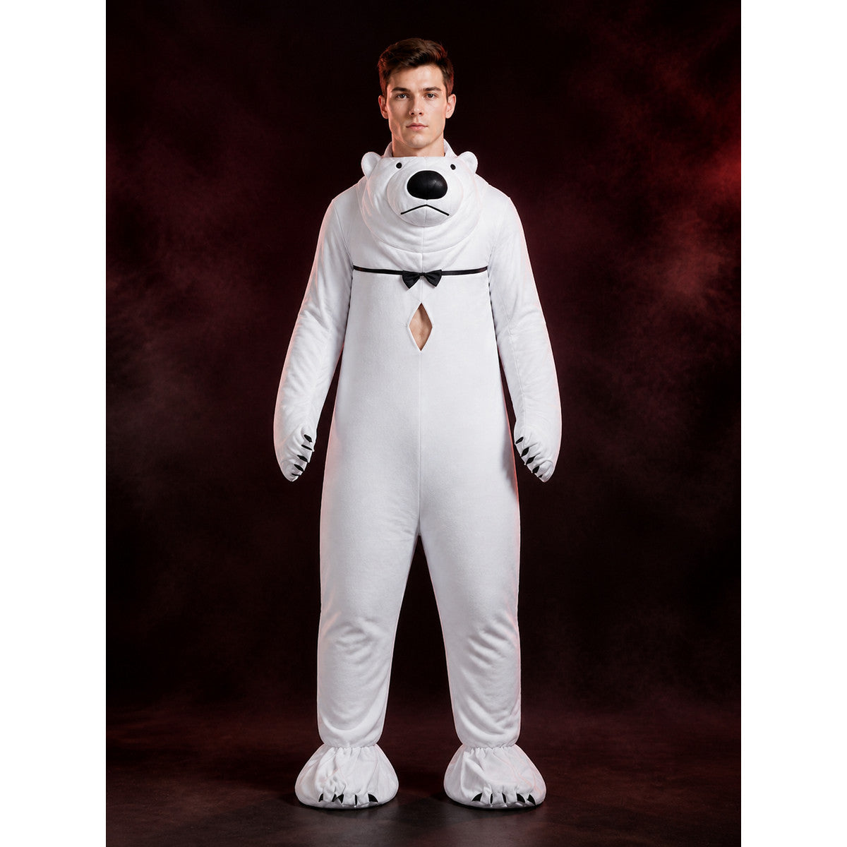 Adult Polar Bear Costume, White Animal Onesie with Black Bow Tie, Halloween main product view