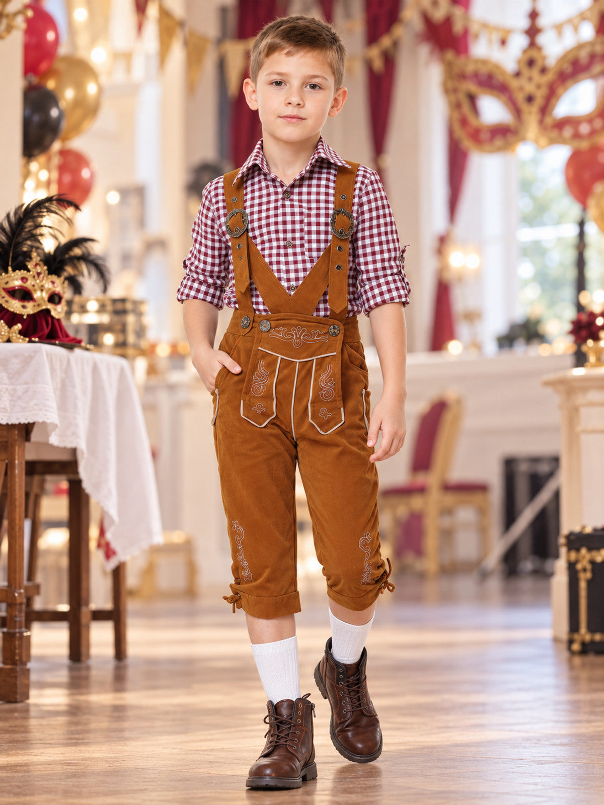 Children's Bavarian-Style Costume, Plaid, Shorts with Suspenders
