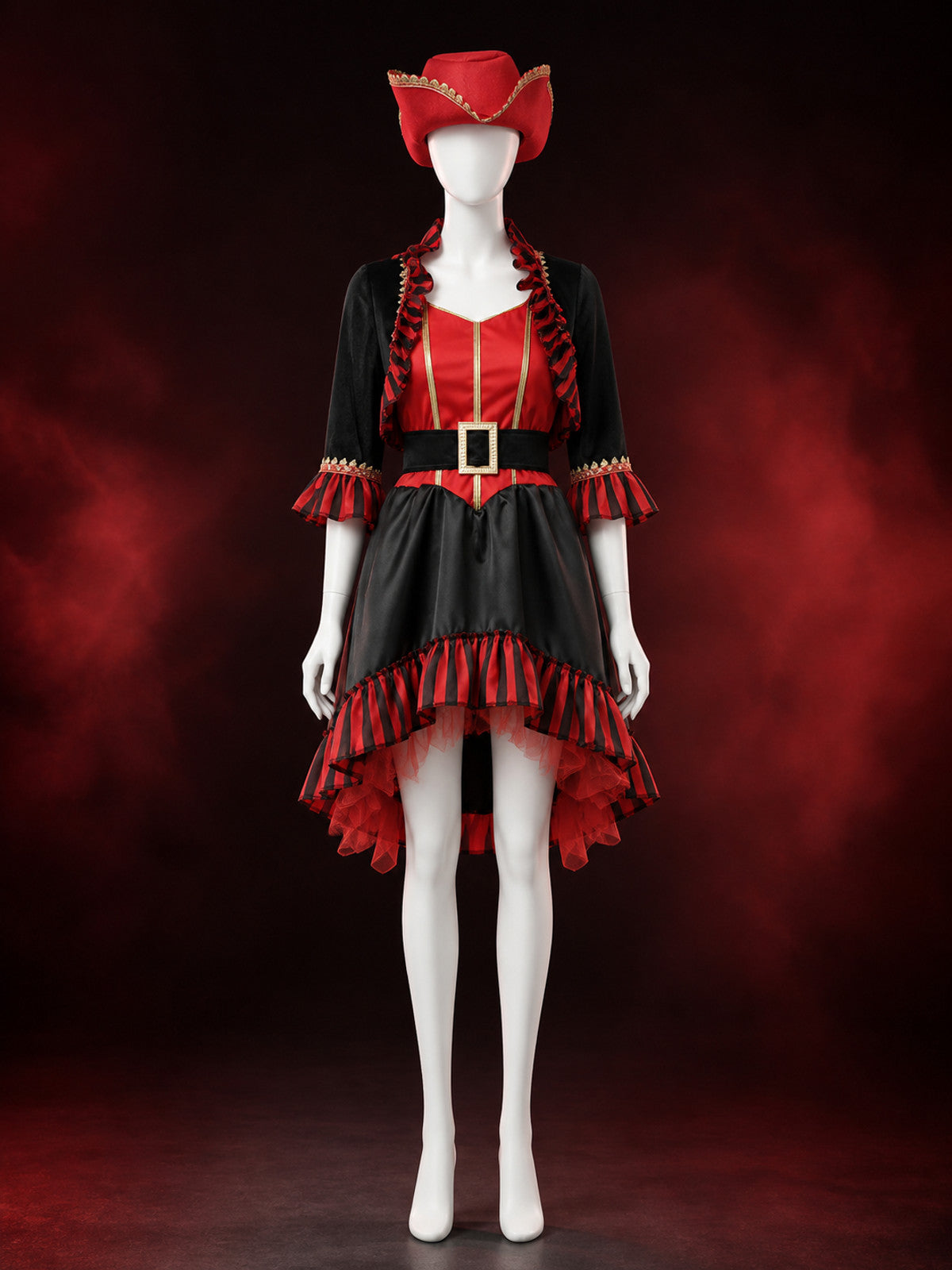 Women's Red and Black Pirate Captain Costume Set with Jacket, Dress, Hat and main product view