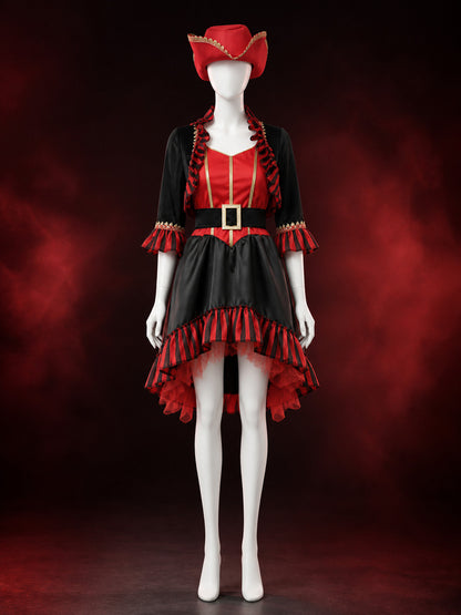 Women's Red and Black Pirate Captain Costume Set with Jacket, Dress, Hat and main product view
