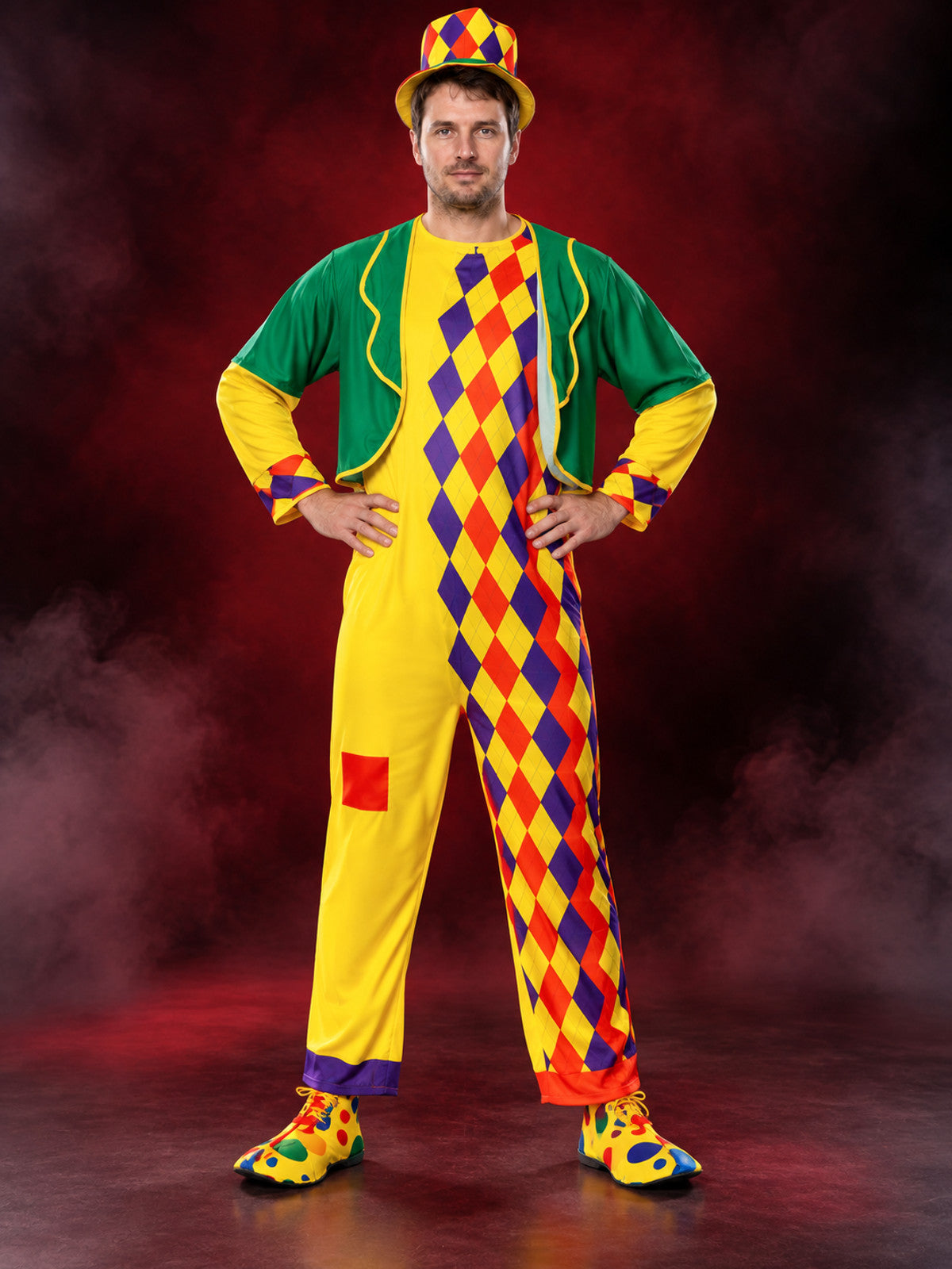 Colorful clown costume with jumpsuit, jacket and hat