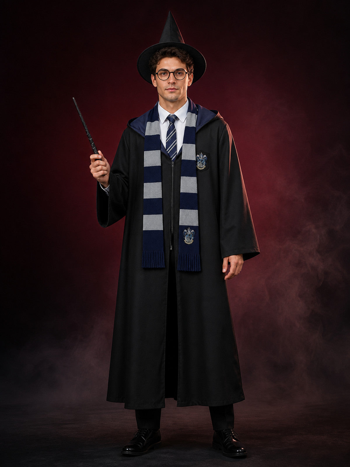 Men's Wizard Costume Set, Hooded Long Robe With Pointed Hat, Glasses, Wand And