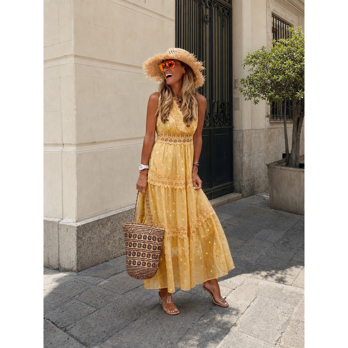 Yellow Women's Sleeveless V-Neck Dress
