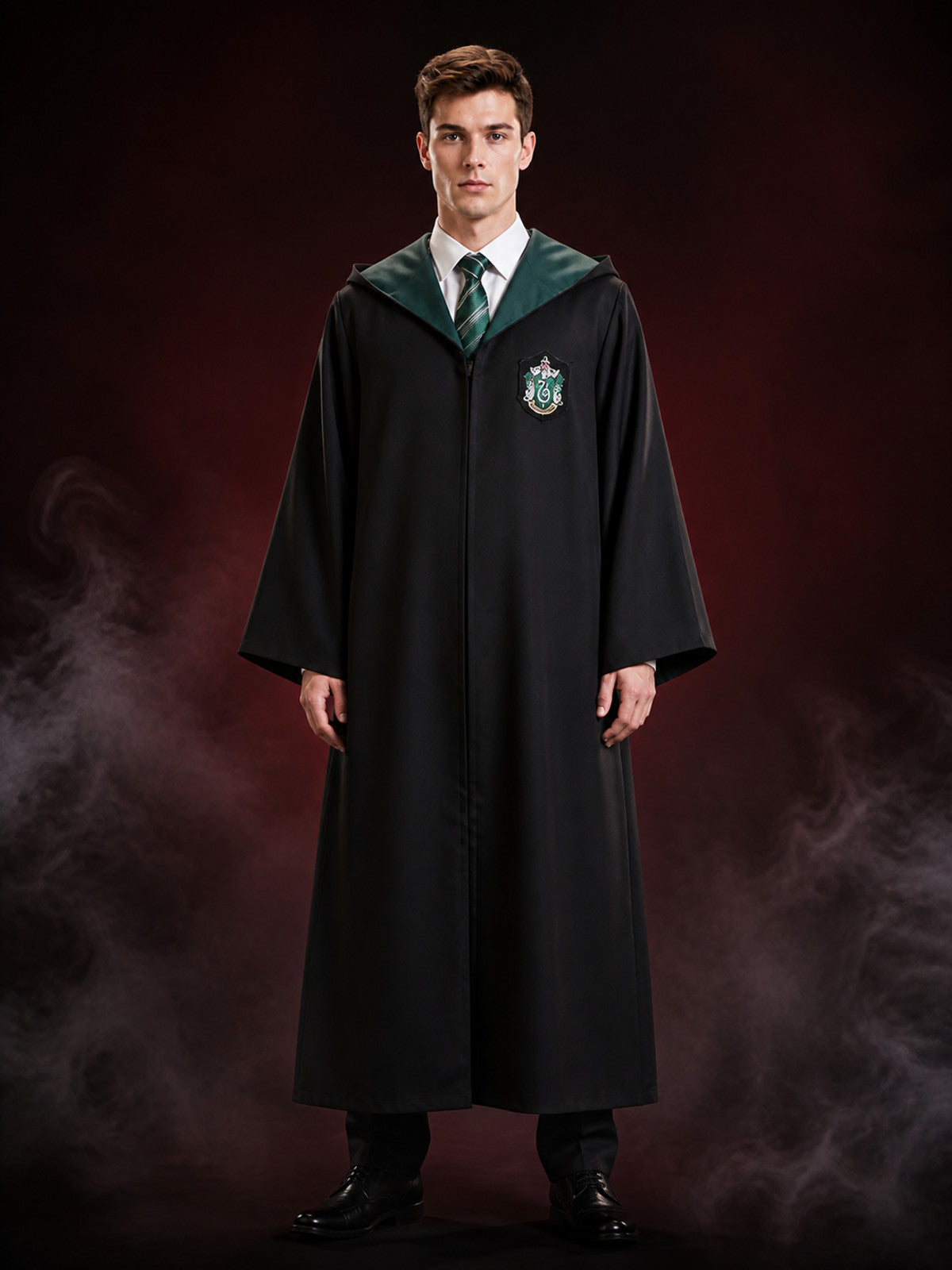 Slytherin Hooded Wizard Robe Costume Set with Striped Tie and Crest main product view
