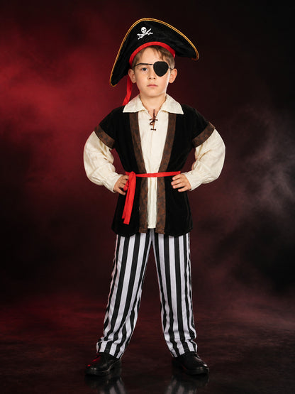 Kids Pirate Costume Set with Hat, Eye Patch, Striped Pants & Skull Print Top main product view