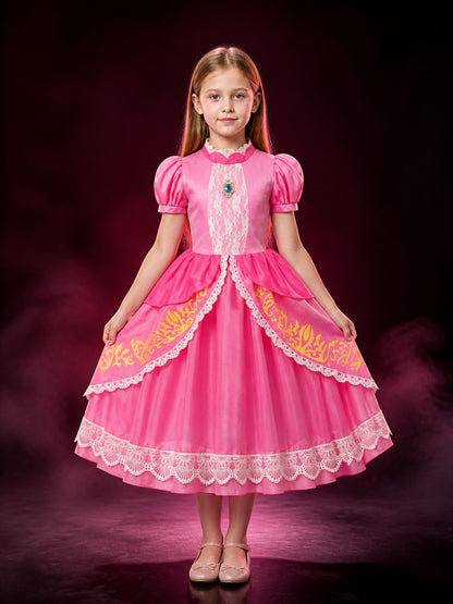 Girls Princess Dress Halloween Costume, Lace-Trimmed Puff Sleeve Gown main product view