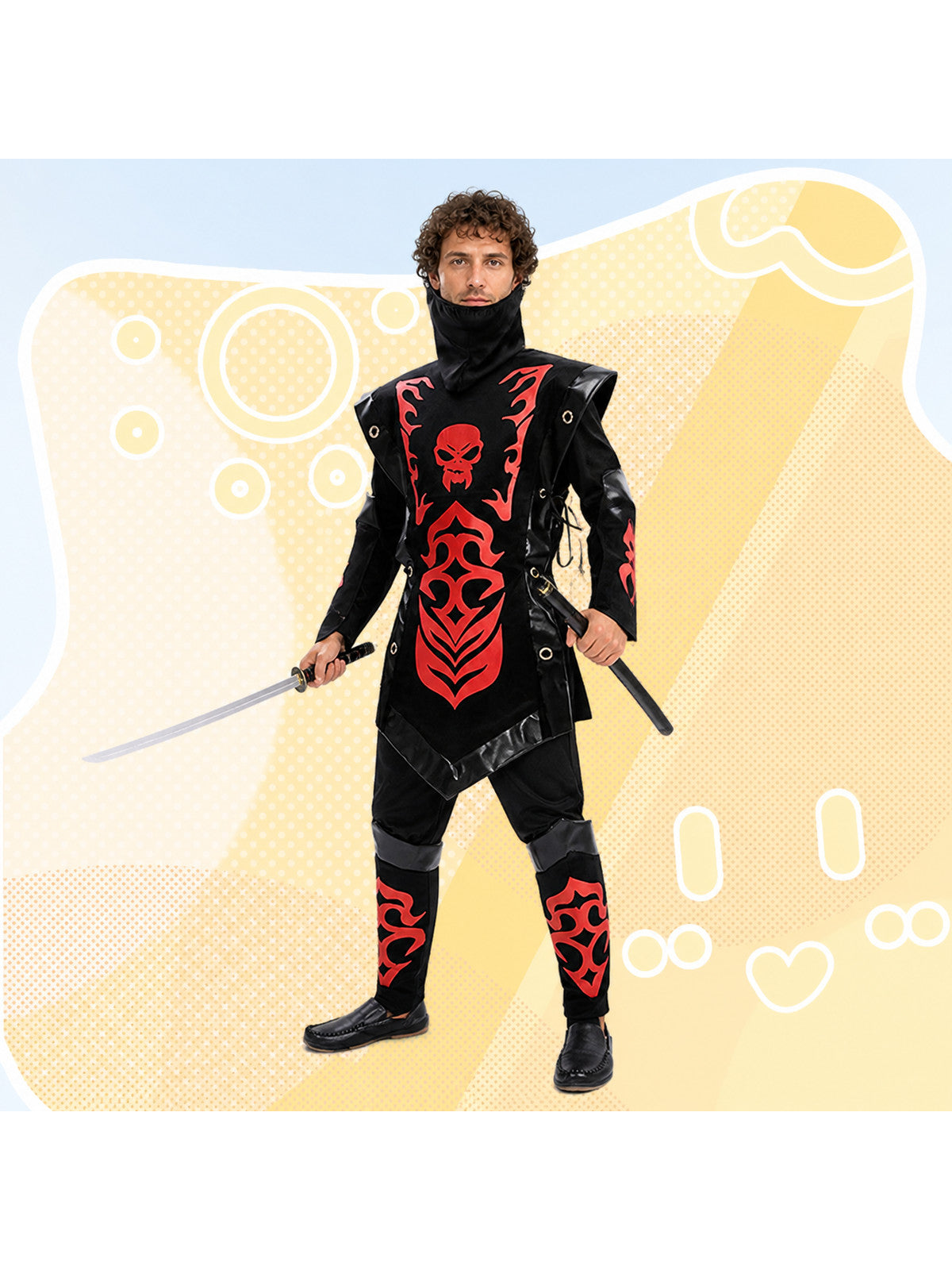 Ninja Costume with Mask and Red-and-Black Pattern