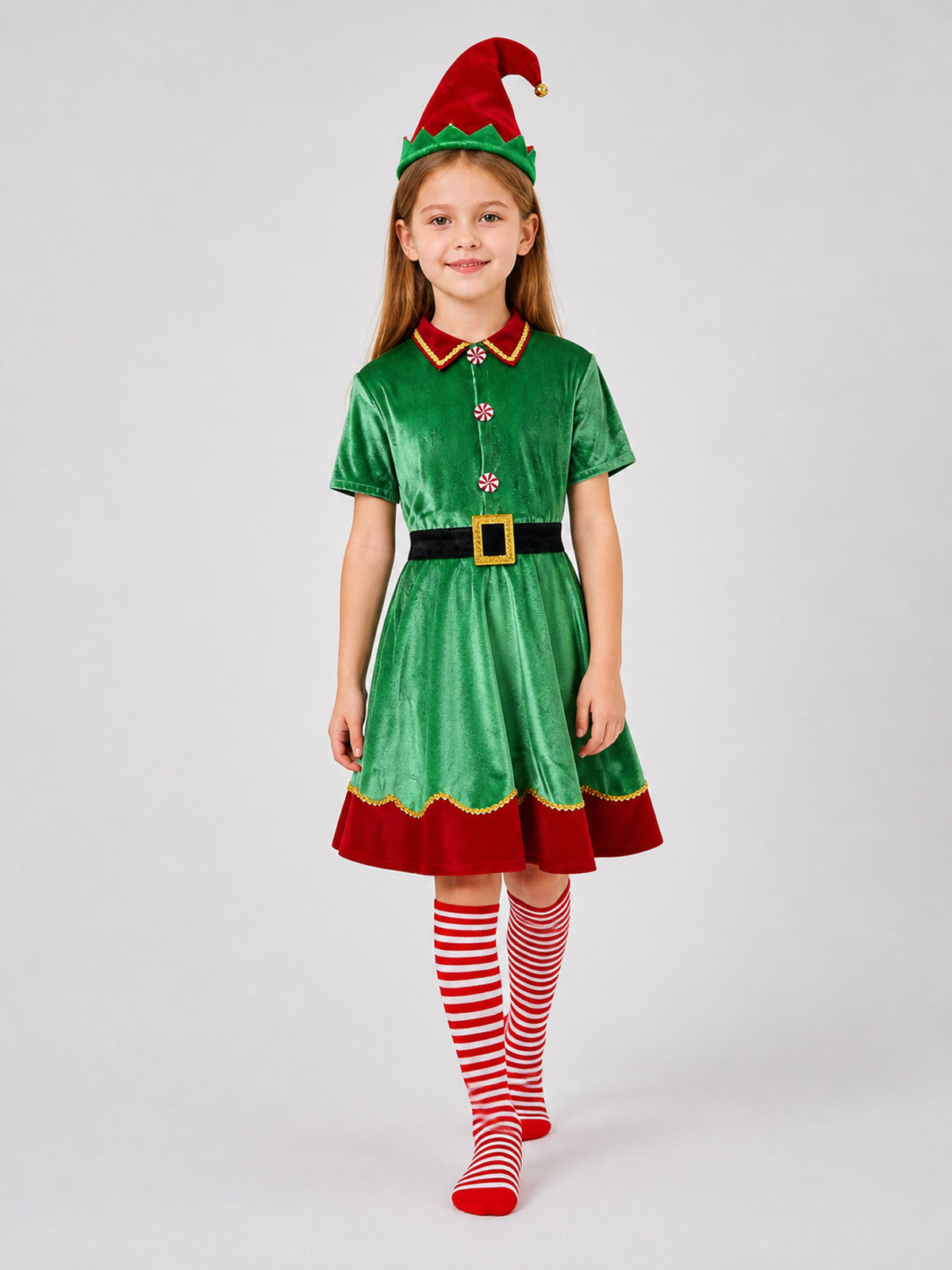 Christmas Elf Costume: Dress, Hat, Belt, Knee-High Socks Costume Dresses detail