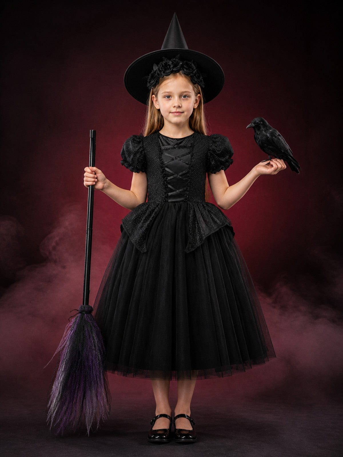 Kids' Witch Costume Set with Hat, Layered Tulle Dress, Halloween Outfit main product view