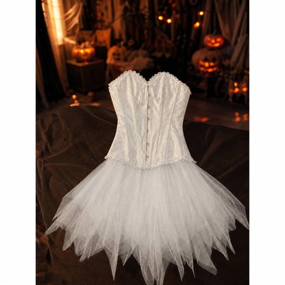 What's included: white corset top and white layered tulle skirt laid flat