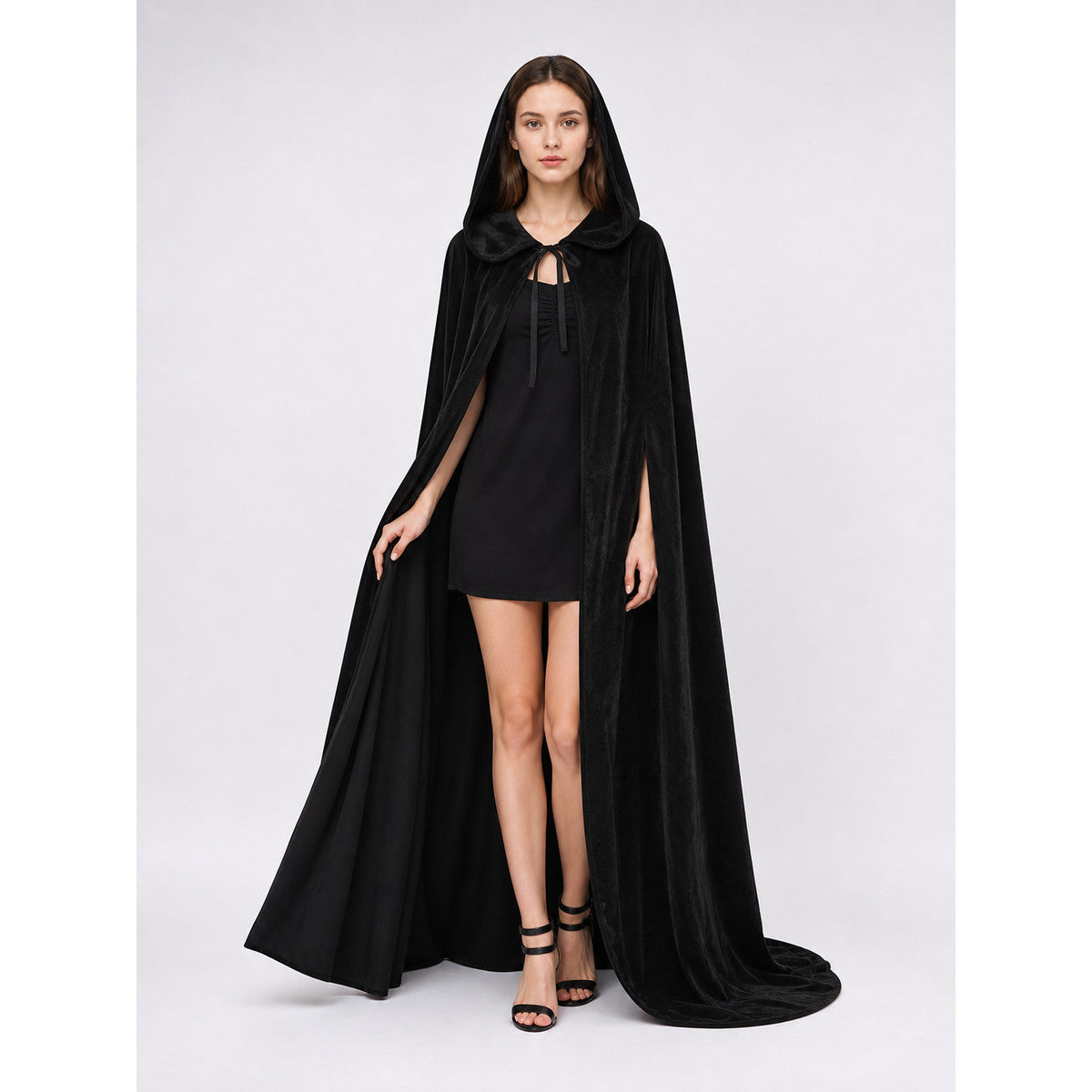 Black Hooded Cloak with Front Tie, Open Front, Floor-Length Trailing Cape for Adults