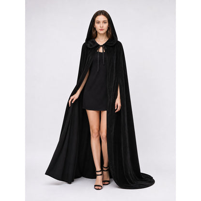 Black Hooded Cloak with Front Tie, Open Front, Floor-Length Trailing Cape for Adults