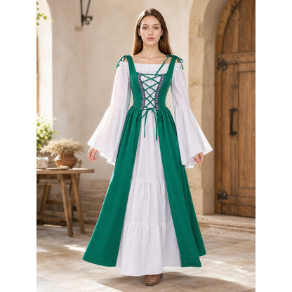 Green-and-White Medieval-Style Dress with Lacing lifestyle