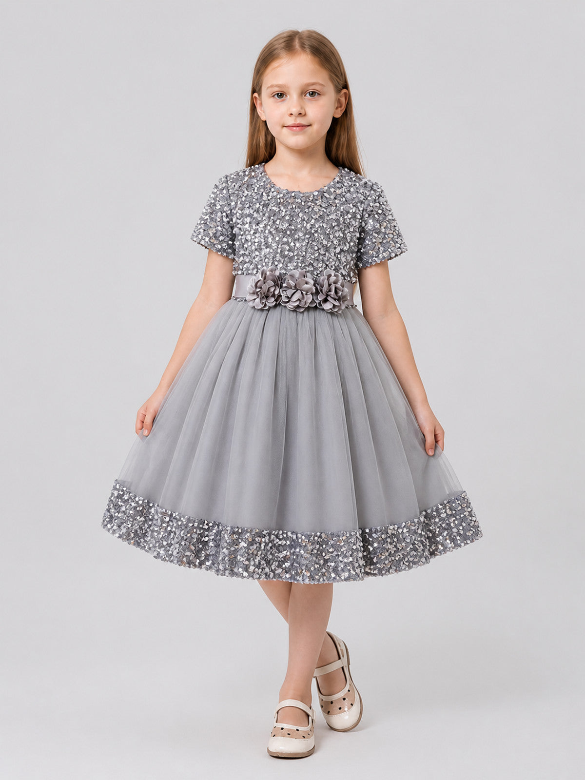 Dressy Sequin Dress with 3D Flowers and Full Skirt