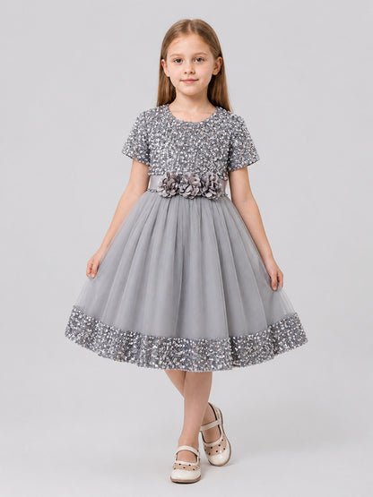 Dressy Sequin Dress with 3D Flowers and Full Skirt