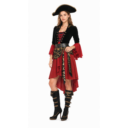 Pirate Costume with Gold Skull and Wine-Colored Skirt Costumes detail