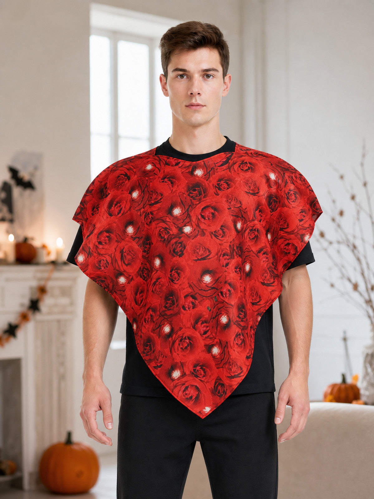 Red Poncho Cape with Pink Floral Pattern