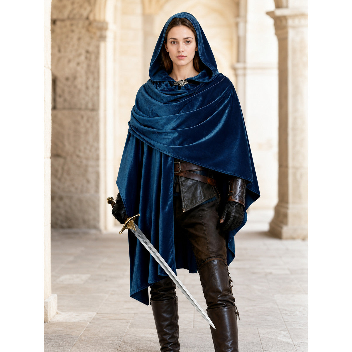 Dark Blue Medieval Hooded Costume Cloak lifestyle