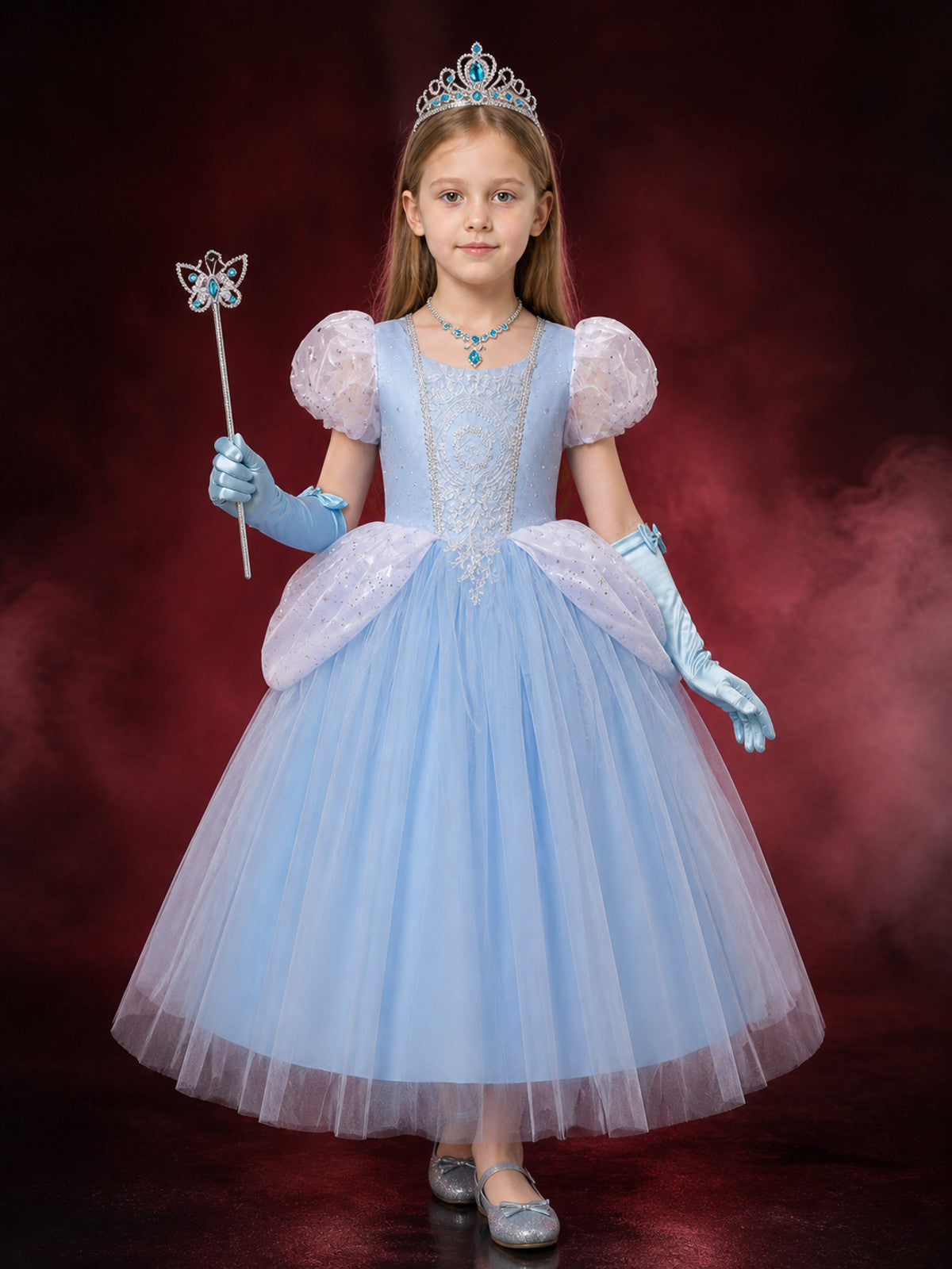 Girls Cinderella Princess Dress Costume, Layered Tulle Ball Gown with Crown Wand