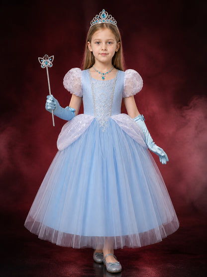 Girls Cinderella Princess Dress Costume, Layered Tulle Ball Gown with Crown Wand