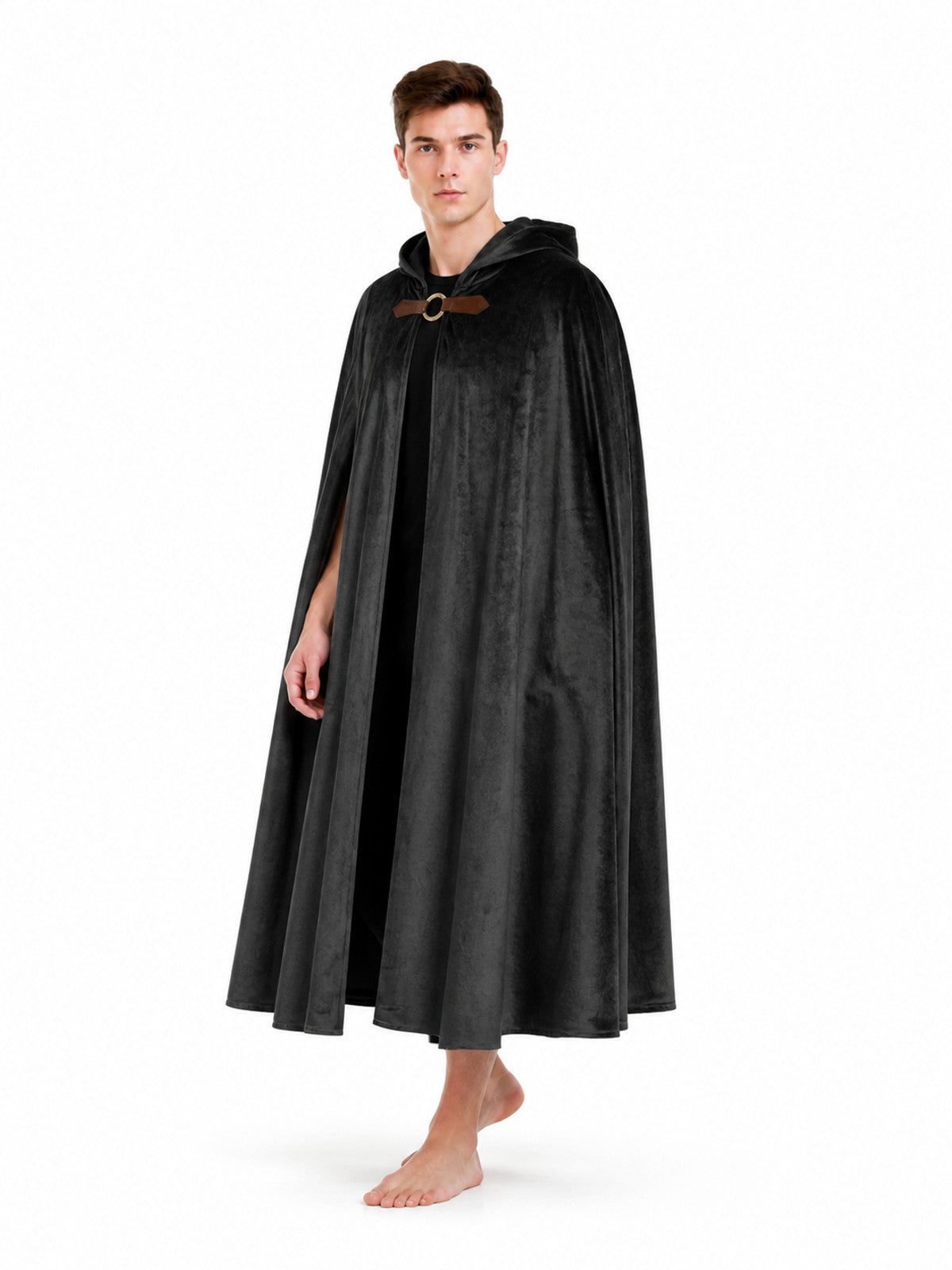 Long Black Hooded Cape with Closure Costume Capes detail