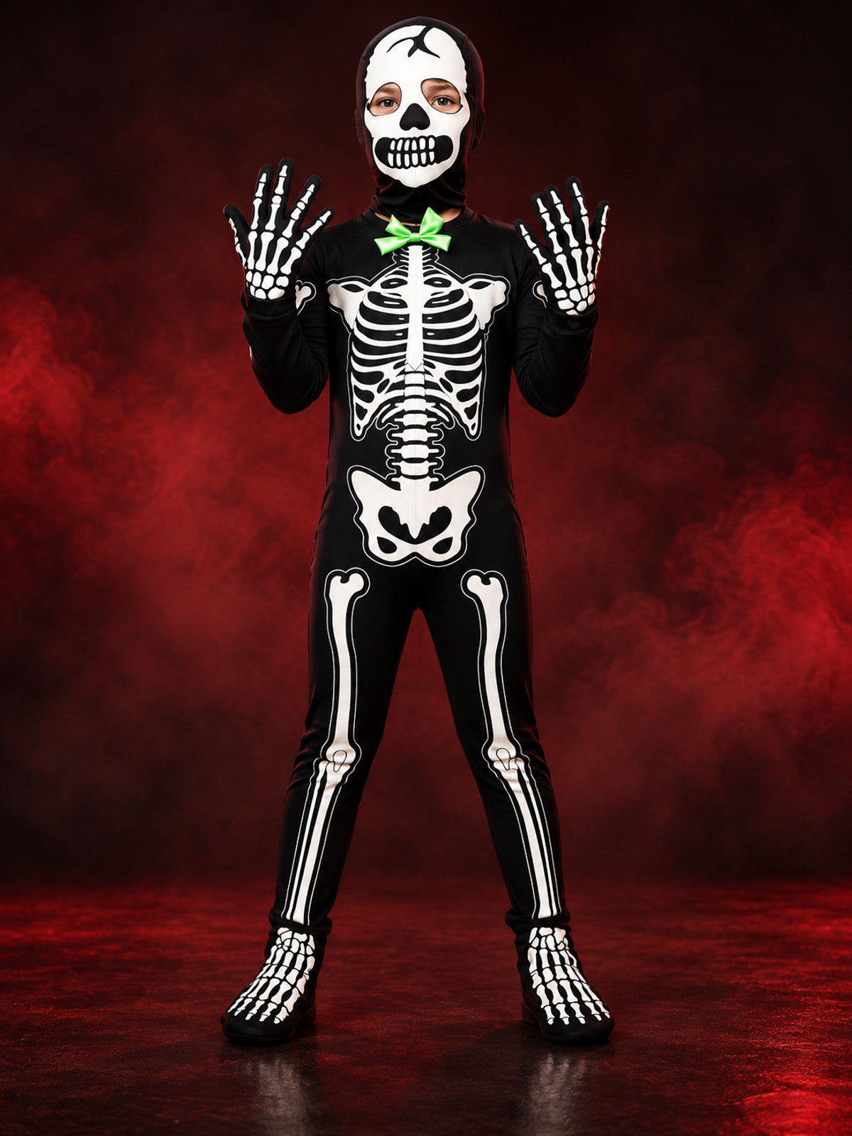 Black Glow-in-the-Dark Skeleton Costume with Skull Mask