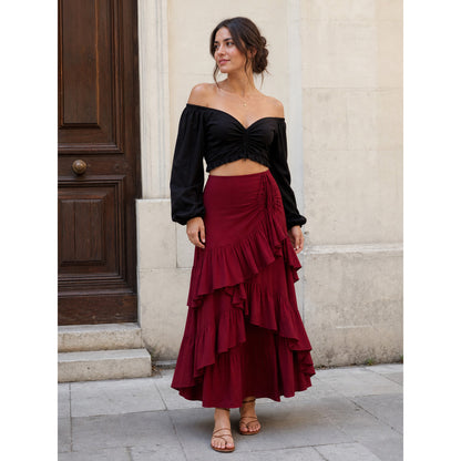 Burgundy Skirt with an Asymmetrical Tiered Ruffle