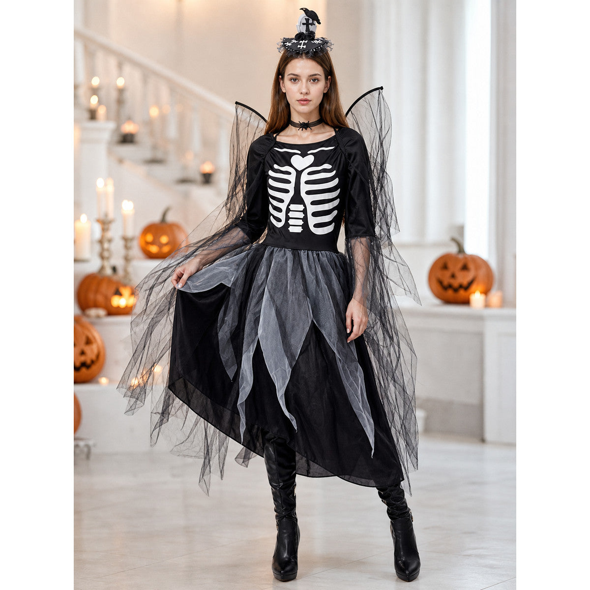 Skeleton costume dress with wings and headpiece lifestyle view
