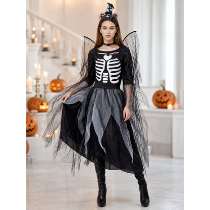 Skeleton costume dress with wings and headpiece lifestyle view